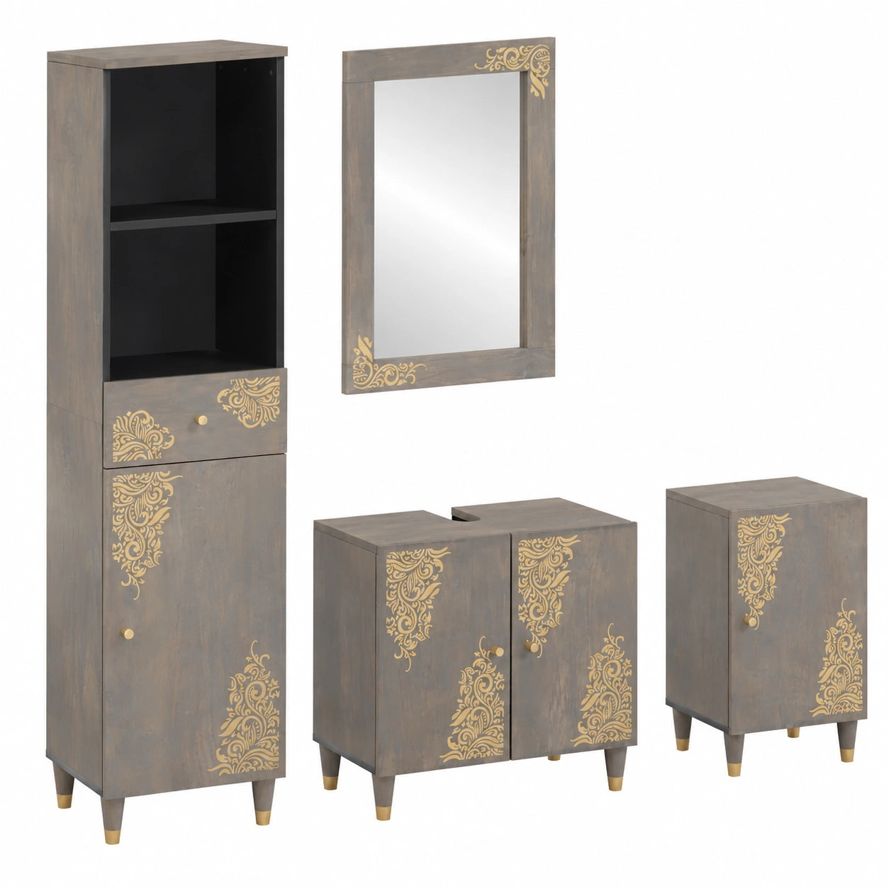 Conjunto de Muebles de Baño de Madera de Mango Gris 4 Piezas