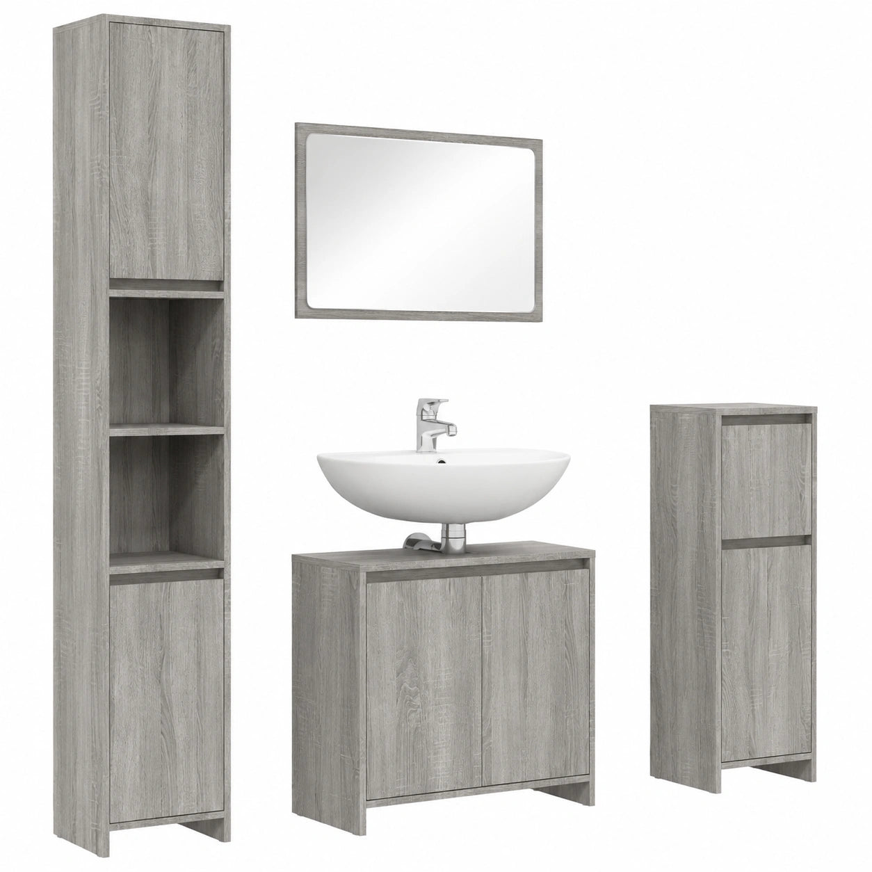 Conjunto de Baño 4 Piezas: Espejo, Lavabo, Armario y Estante en Madera Gris Sonoma