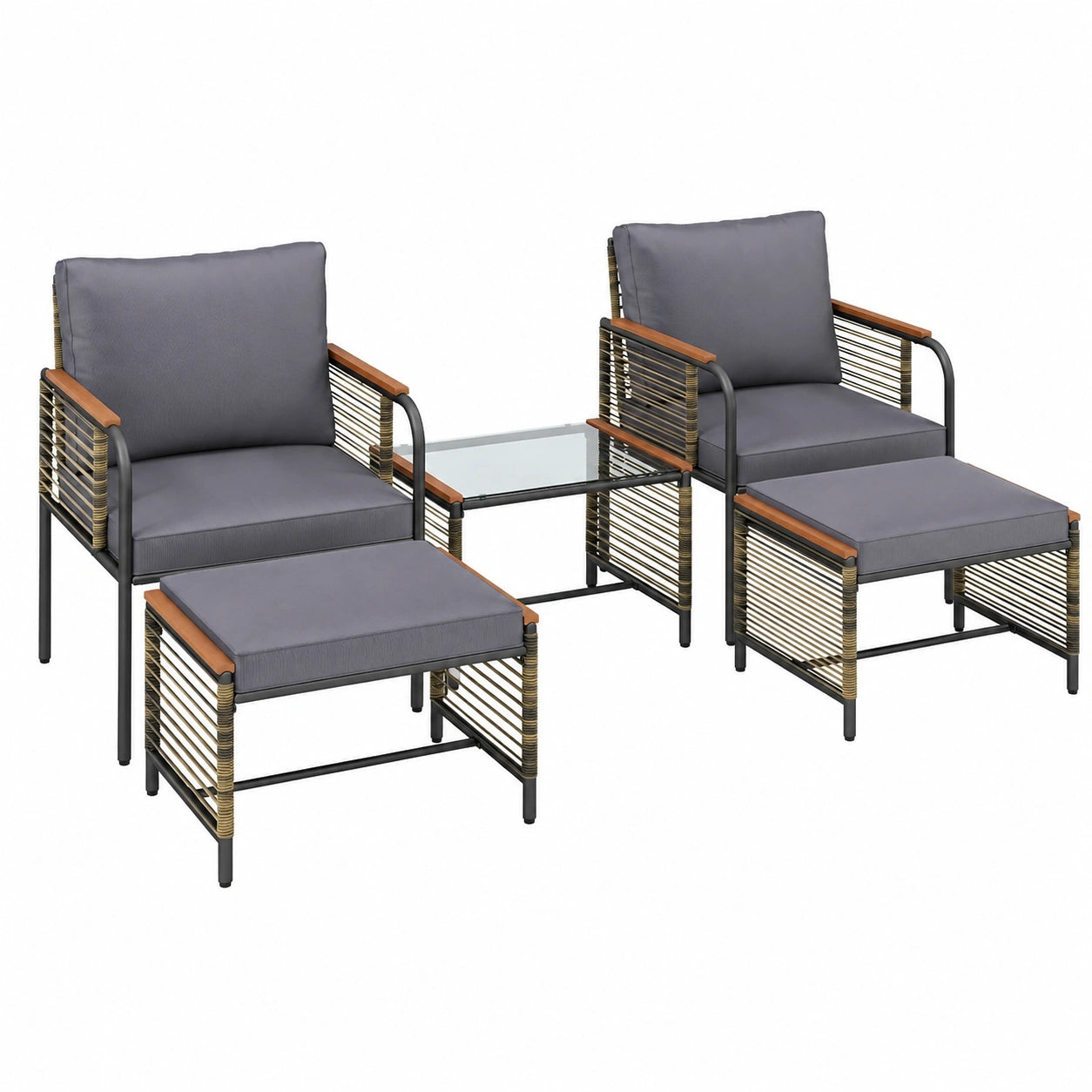 Conjunto de Muebles de Ratán para Exterior, 5 Piezas: Sillones, Otomanas y Mesa, Asientos con Cojines, Ideal para Jardín y Terraza (Gris)