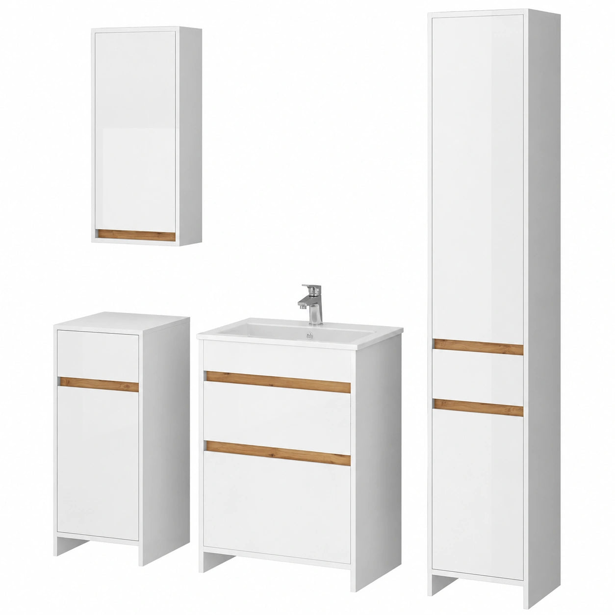 Conjunto de Muebles de Baño Vicco Detmold, Blanco Brillante y Roble Dorado, 60 cm, Incluye Mueble Bajo Lavabo, Lavabo, Armario Colgante, Columna y Mueble Medio