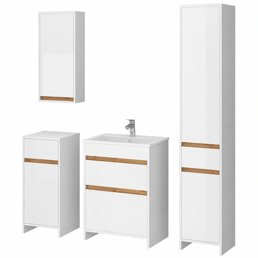 Conjunto de Muebles de Baño Vicco Detmold, Blanco Brillante y Roble Dorado, 60 cm, Incluye Mueble Bajo Lavabo, Lavabo, Armario Colgante, Columna y Mueble Medio