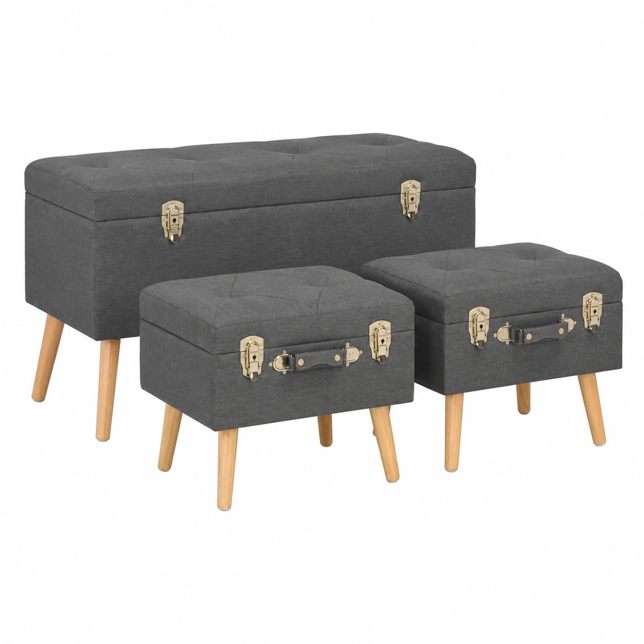 Conjunto de 3 Taburetes de Almacenamiento en Tela Gris Oscuro