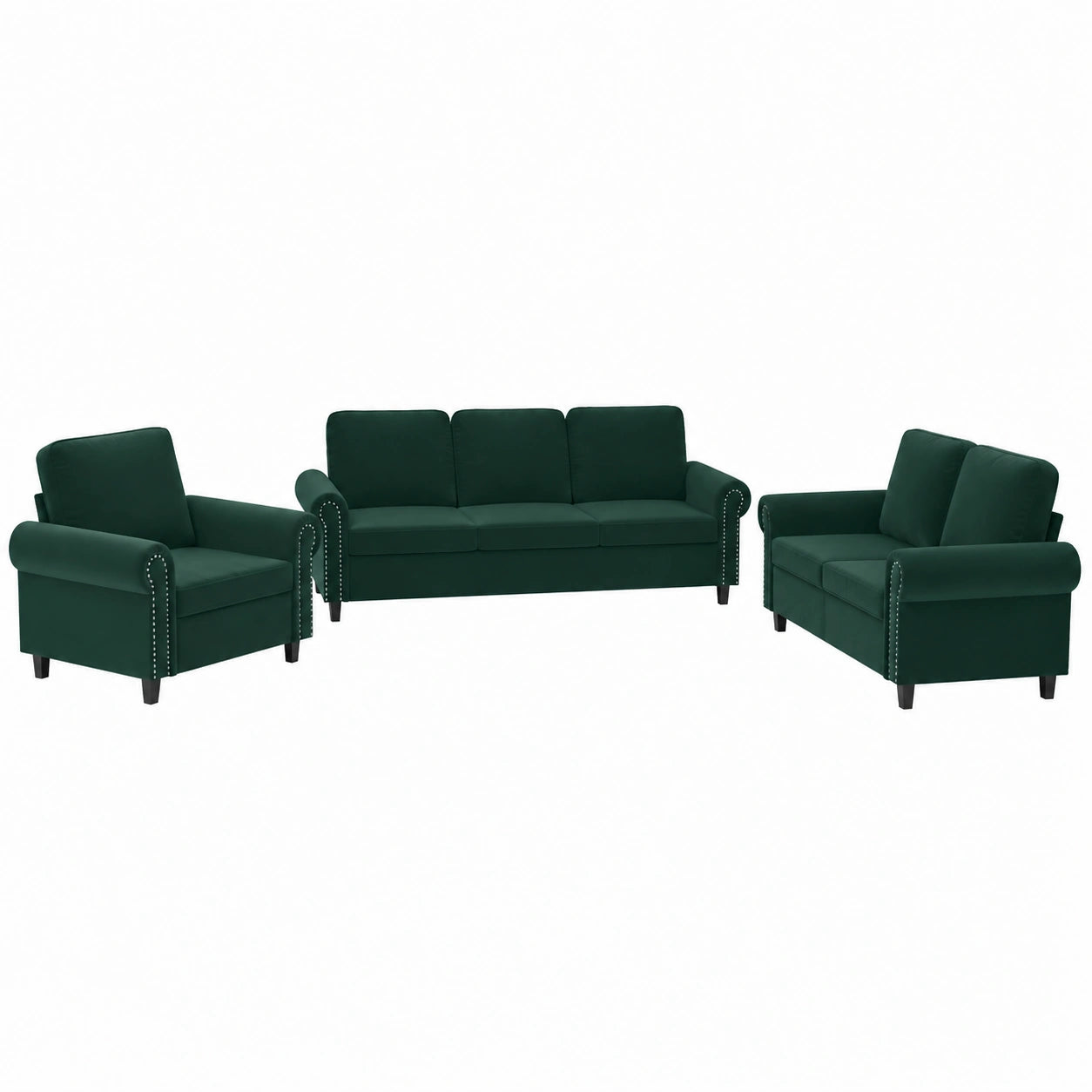 Conjunto de Sofá de 3 Piezas en Terciopelo Verde Oscuro con Estructura de Metal, Comodidad para Salón