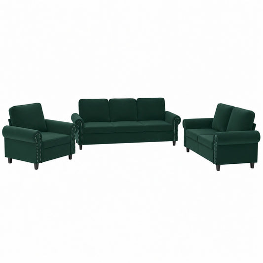 Conjunto de Sofá de 3 Piezas en Terciopelo Verde Oscuro con Estructura de Metal, Comodidad para Salón