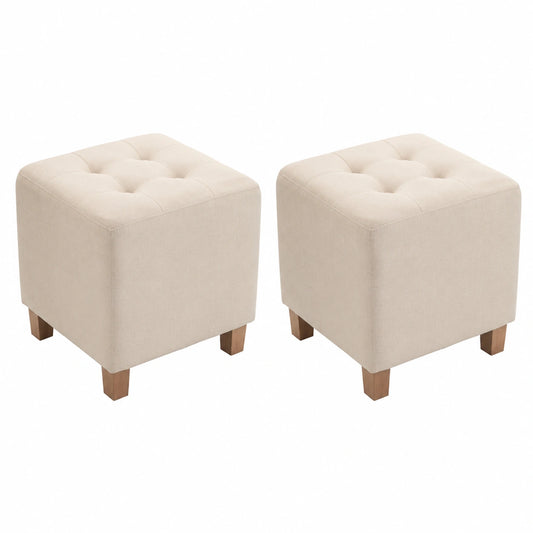 Conjunto de 2 Taburetes Bajos Pharao de Tela con Patas de Madera, Color Crema
