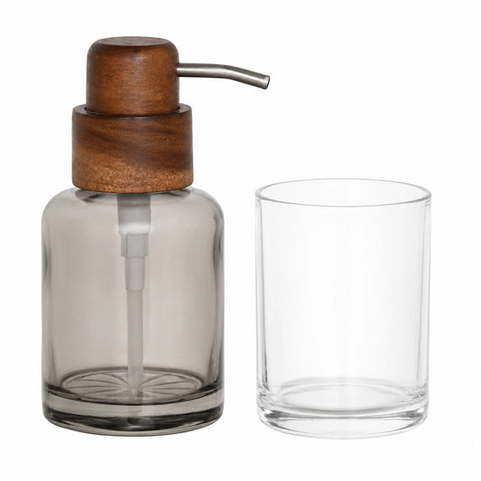 Set de Baño de Cristal y Acacia Gris 10x7x16 cm