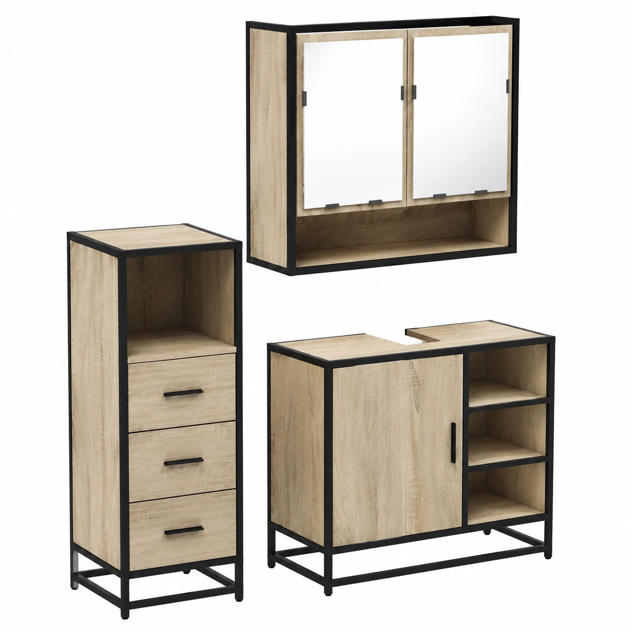 Conjunto de Muebles de Baño 3 Piezas de Madera Chapada en Roble Sonoma