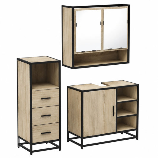 Conjunto de Muebles de Baño 3 Piezas de Madera Chapada en Roble Sonoma