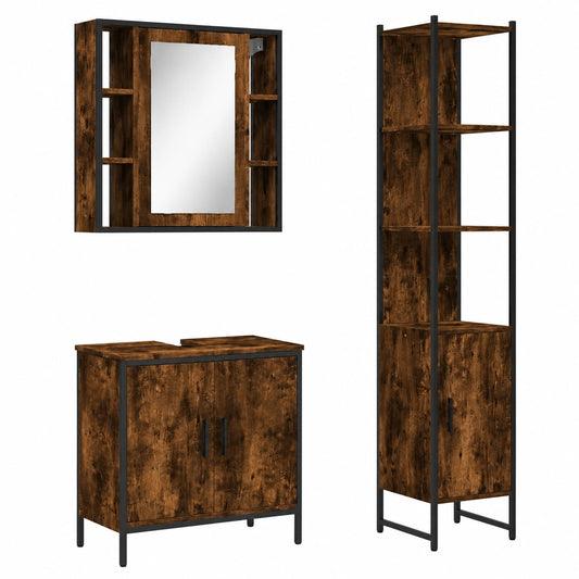 Conjunto de Muebles de Baño en Madera de Roble Ahumado, 3 Piezas