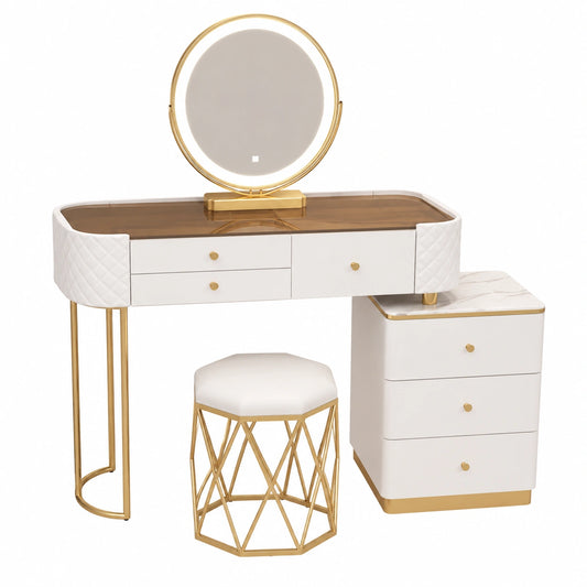 Tocador de Maquillaje Táctil con Brillo Ajustable, 3 Modos de Color, Incluye Taburete, Ideal para Decoración de Dormitorio