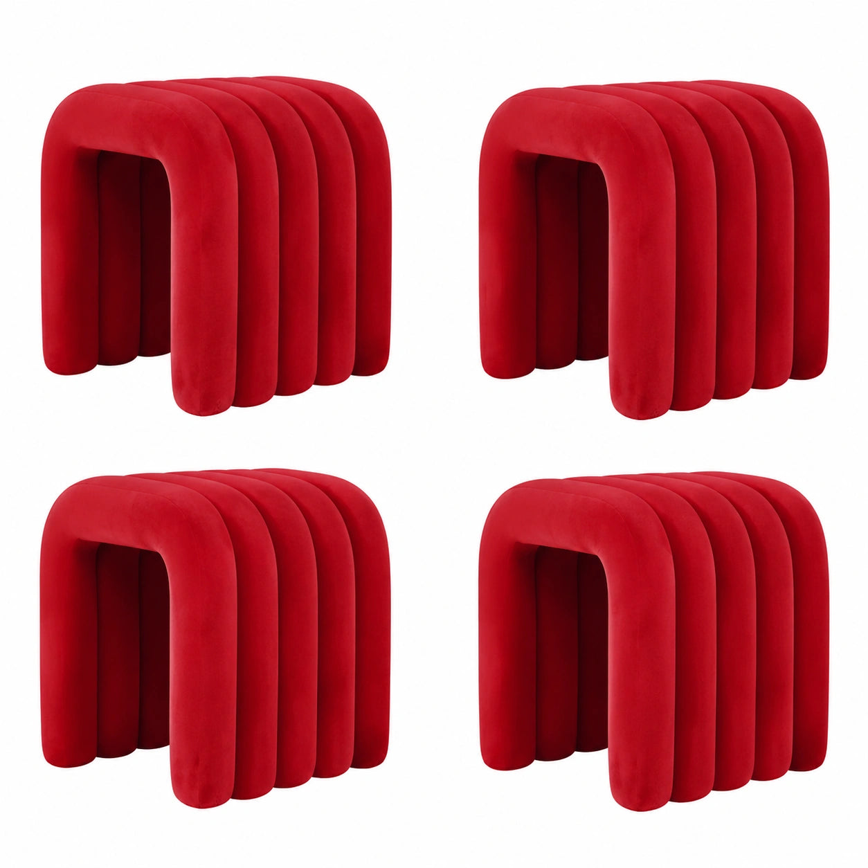 Puf Otomano Moderno de Franela para Decoración del Hogar, Dormitorio y Sala - Rojo, Juego de 4