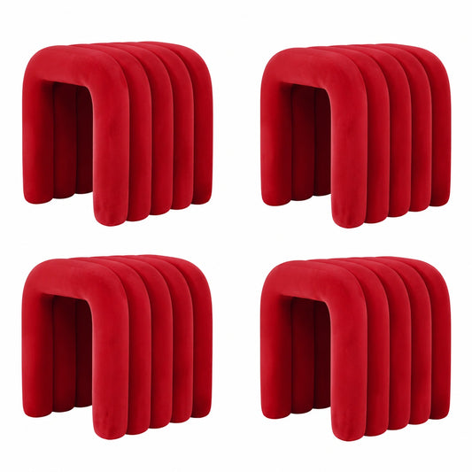 Puf Otomano Moderno de Franela para Decoración del Hogar, Dormitorio y Sala - Rojo, Juego de 4