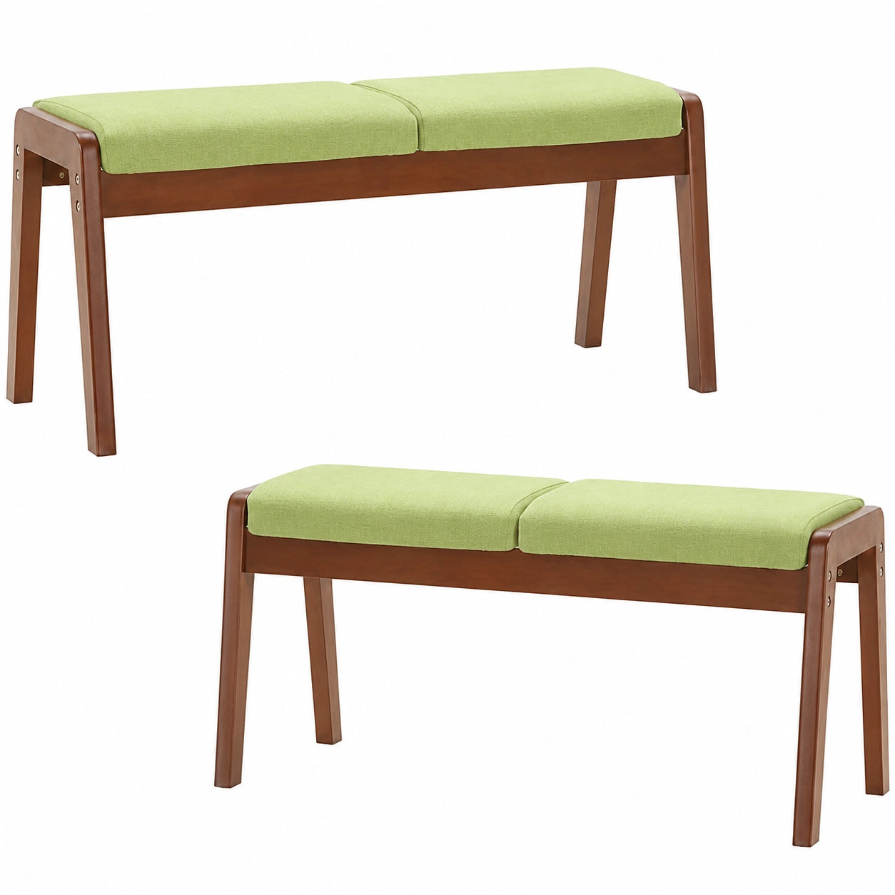 Banco tapizado de lino verde con patas de madera para dormitorio y sala de estar