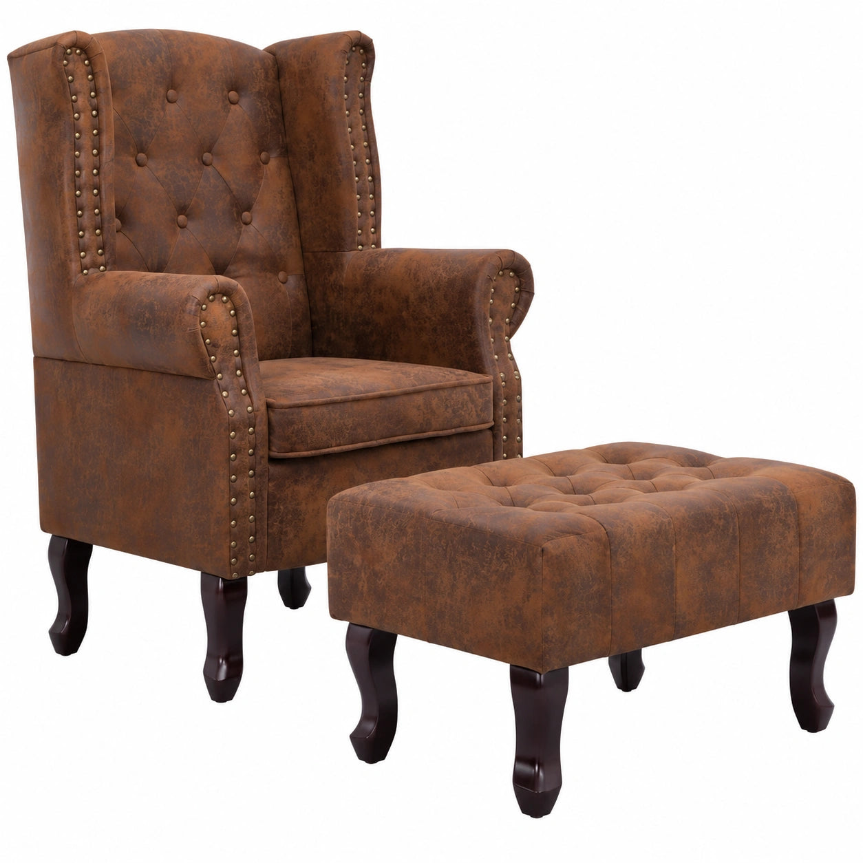 Sillón Chesterfield y Reposapiés de Ante Sintético para Salón y Comedor - Marrón