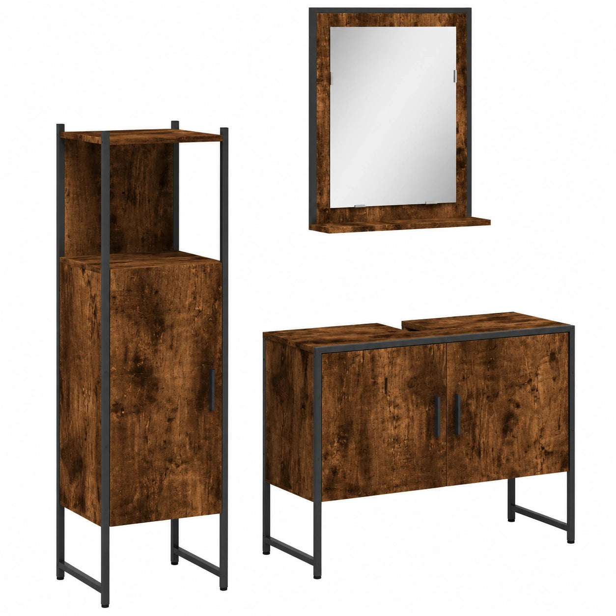 Conjunto de Muebles de Baño de 3 Piezas con Espejo y Almacenamiento, Roble Ahumado