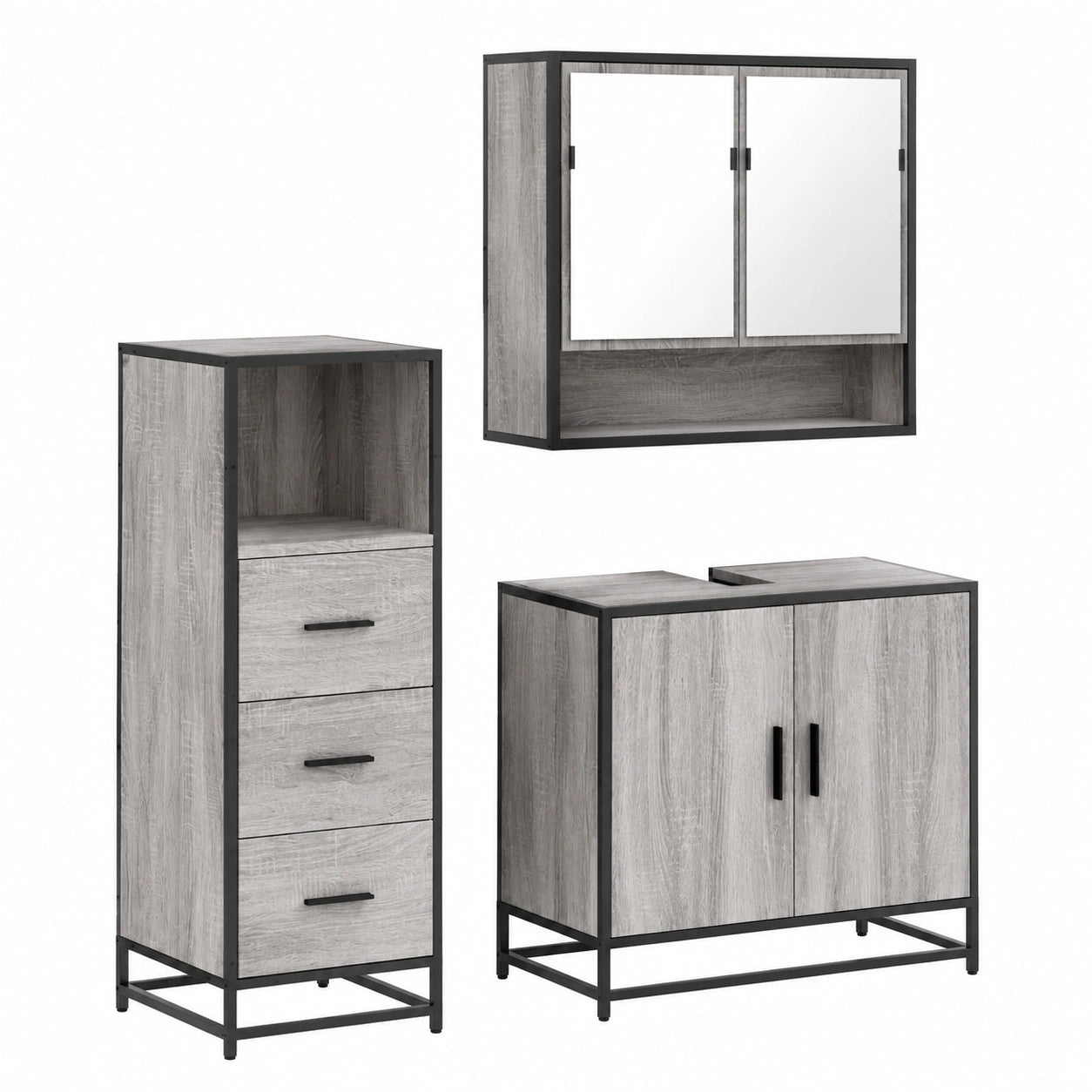 Conjunto de Muebles de Baño 3 Piezas, Madera Aglomerada, Color Sonoma Gris