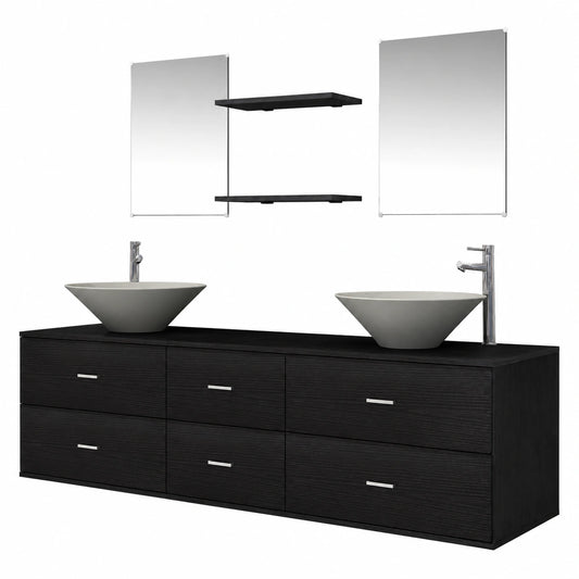 Conjunto de Muebles de Baño Negro con Lavabo y Grifo - Pack de 9 Piezas