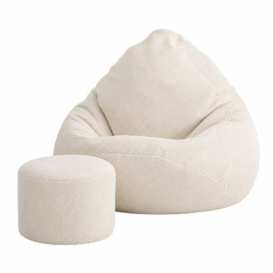 Sillón Puff de Terciopelo Beige XXL con Reposapiés para Salón y Dormitorio