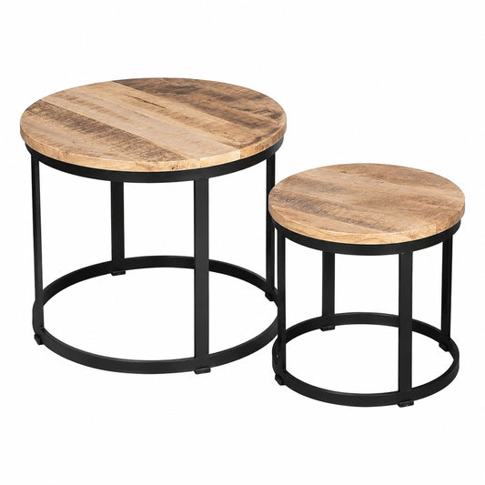 Mesas Auxiliares Redondas de Madera de Mango para Salón, Set de 2 Piezas, Diseño Moderno