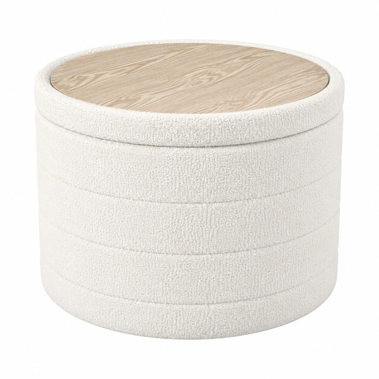 Taburete Puff con Almacenaje Plegable, Redondo, Tapa Reversible, Ø 56x40cm, Color Blanco Crema para Hogar
