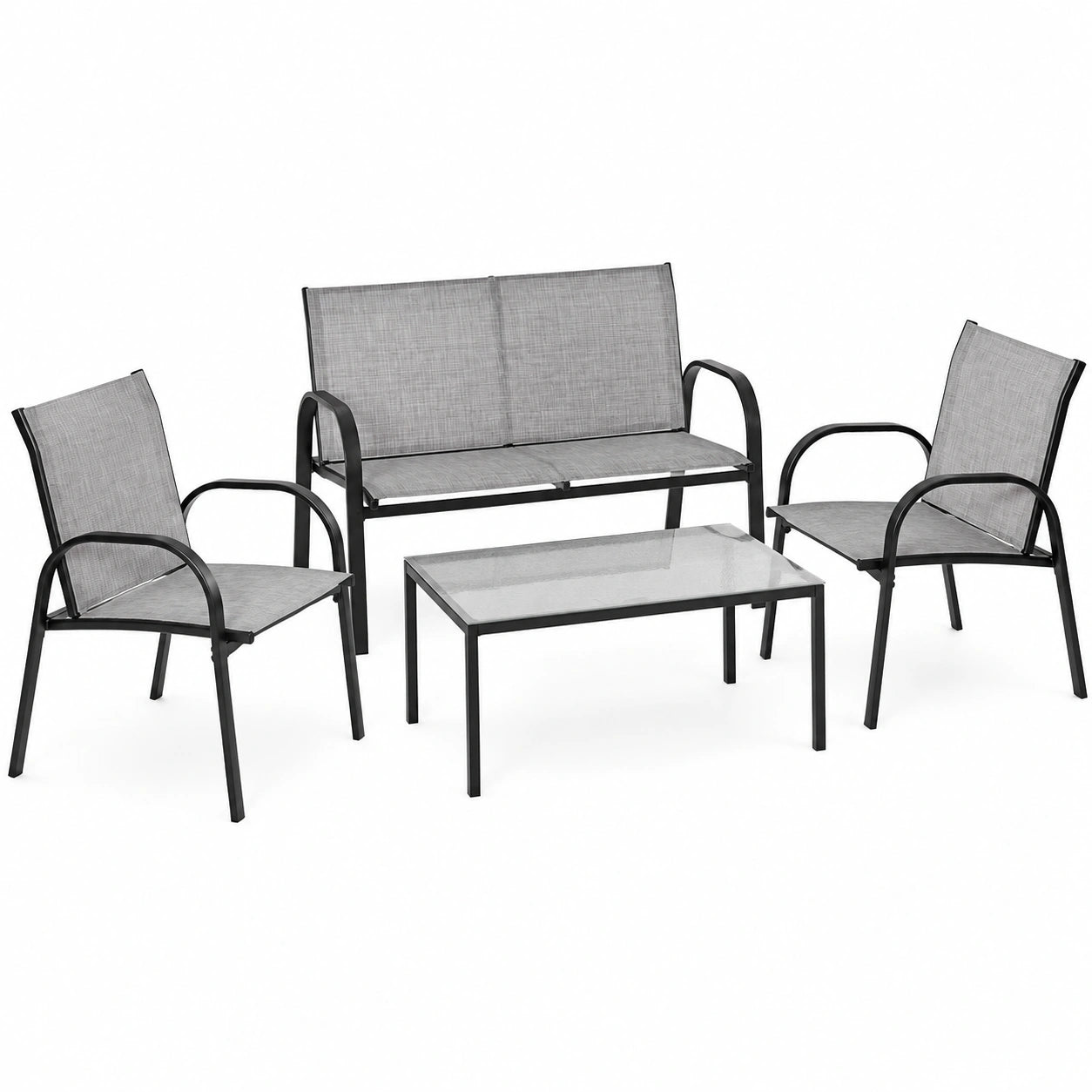 Juego de Muebles de Jardín de 4 Piezas, Textileno, 2 Sillas, 1 Sofá Doble y Mesa de Hierro, para Terraza y Balcón (Gris)