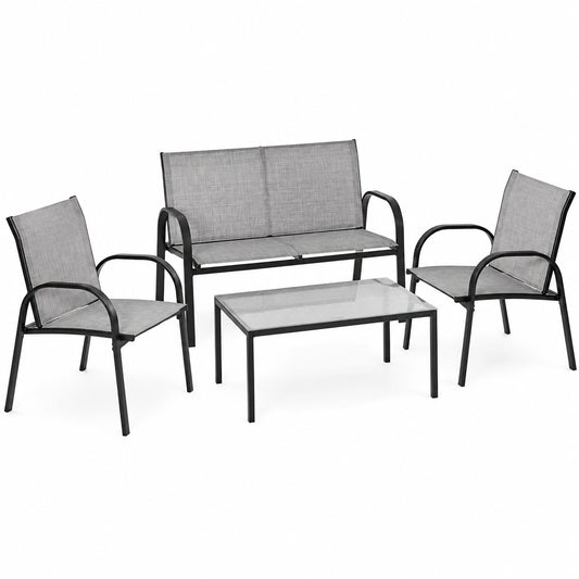 Juego de Muebles de Jardín de 4 Piezas, Textileno, 2 Sillas, 1 Sofá Doble y Mesa de Hierro, para Terraza y Balcón (Gris)